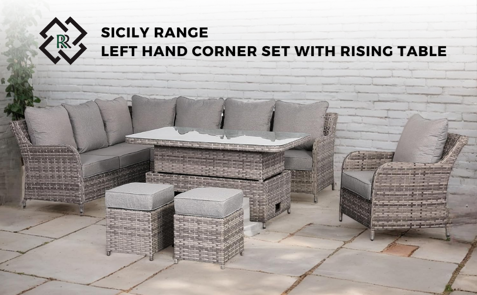 ROSE RATTAN Sicily Range Aluminium Left Hand Corner Set with Rising Table and Arm Chair in Grey Weave