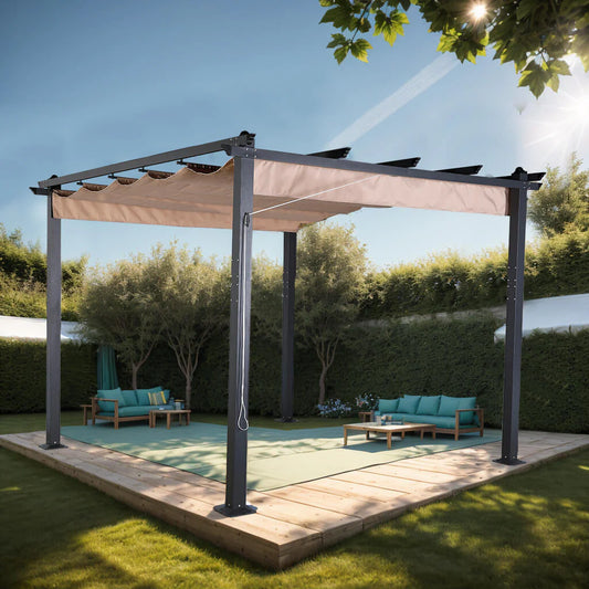 ROSE RATTAN 3 X 3M Aluminum Pergola with Retractable Roof, Gazebo with Sun Shade Canopy for Garden Patio Outdoor, Garden Pergola for BBQ, Outdoor and patio
