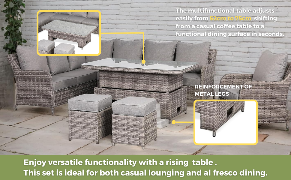 ROSE RATTAN Sicily Range Aluminium Left Hand Corner Set with Rising Table and Arm Chair in Grey Weave