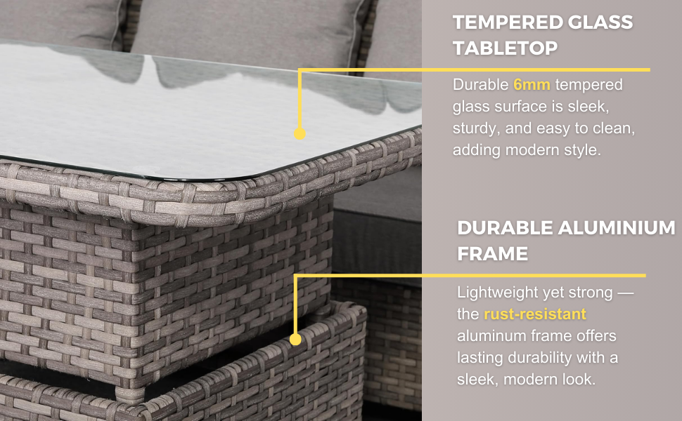ROSE RATTAN Sicily Range Aluminium Left Hand Corner Set with Rising Table and Arm Chair in Grey Weave