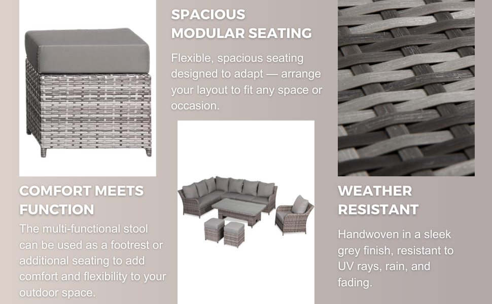 ROSE RATTAN Sicily Range Aluminium Left Hand Corner Set with Rising Table and Arm Chair in Grey Weave