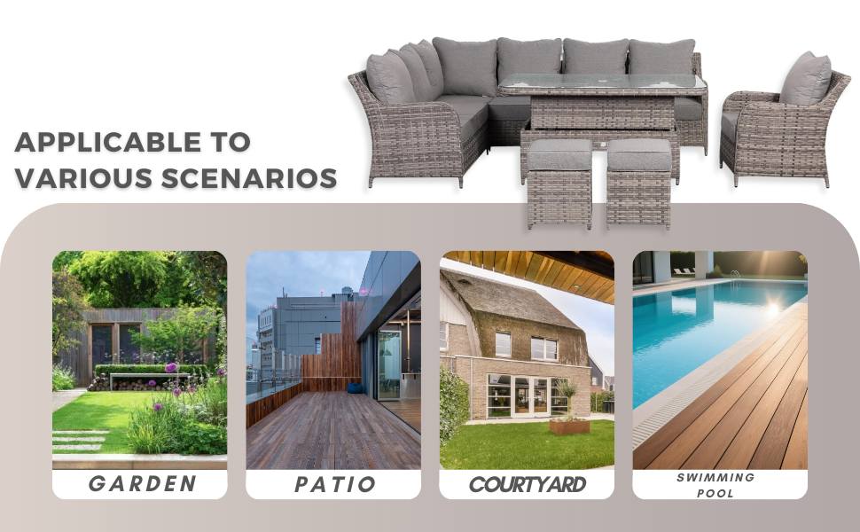 ROSE RATTAN Sicily Range Aluminium Left Hand Corner Set with Rising Table and Arm Chair in Grey Weave